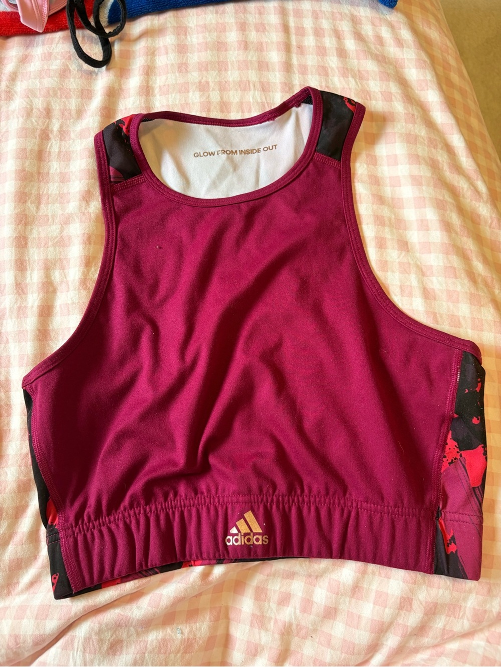 adidas Maroon High-Neck Crop Sports Bra with Contrast Panels